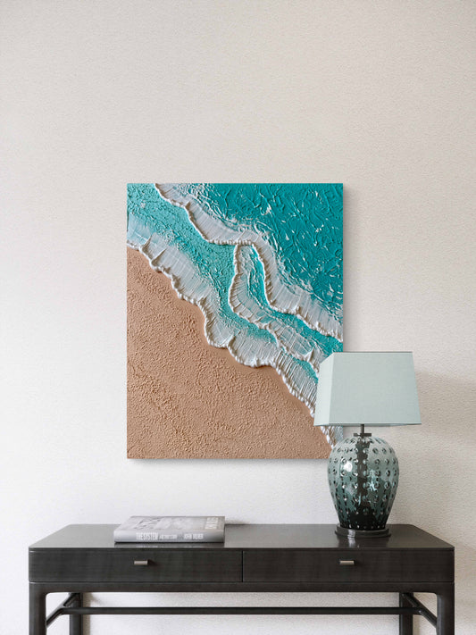 Türkises Meereskunst-Wandbild im Wohnzimmer – maritime Wanddeko mit 3D-Effekt