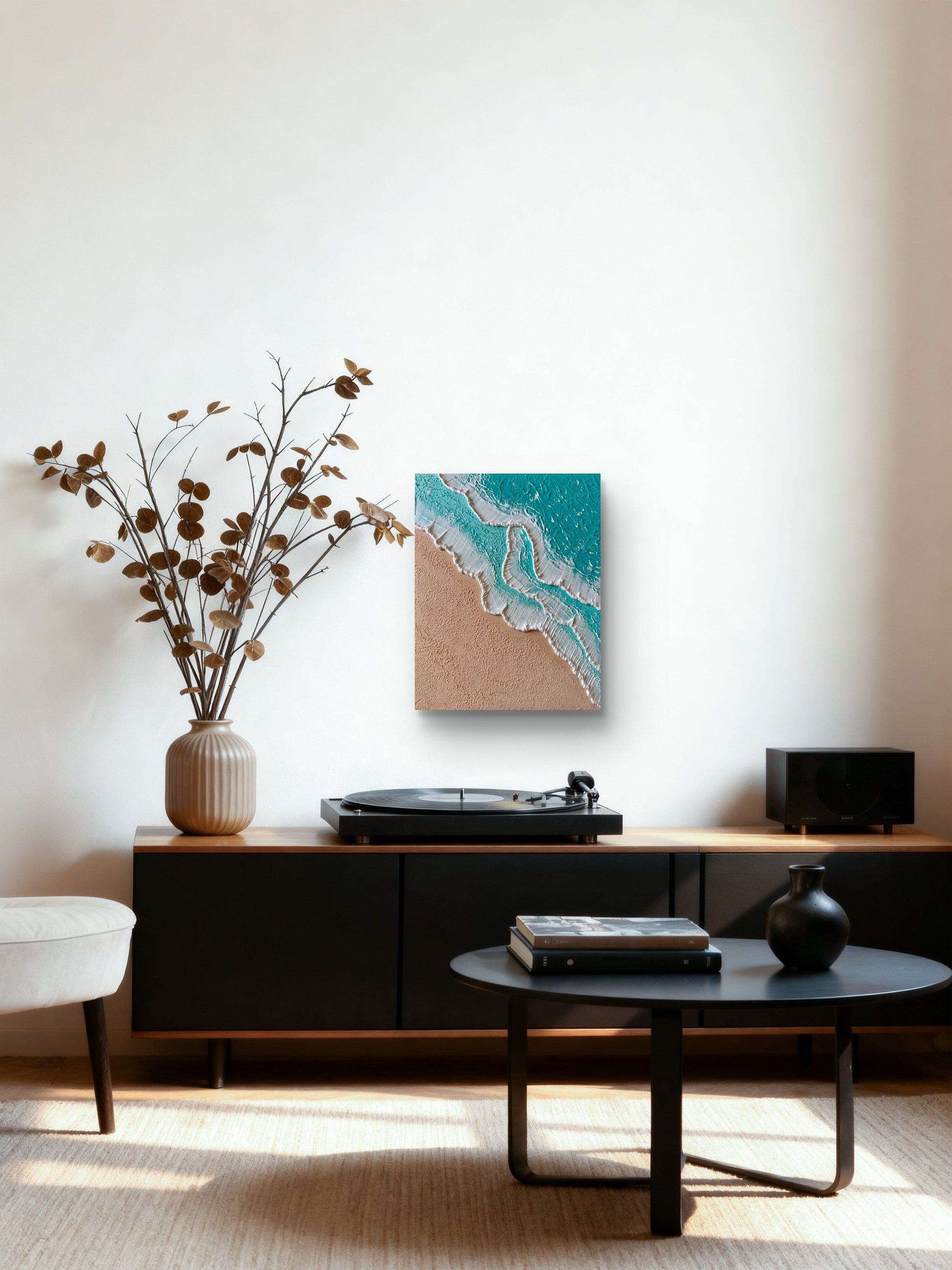 Türkises Meereskunst-Wandbild im Wohnzimmer – maritime Wanddeko mit 3D-Effekt