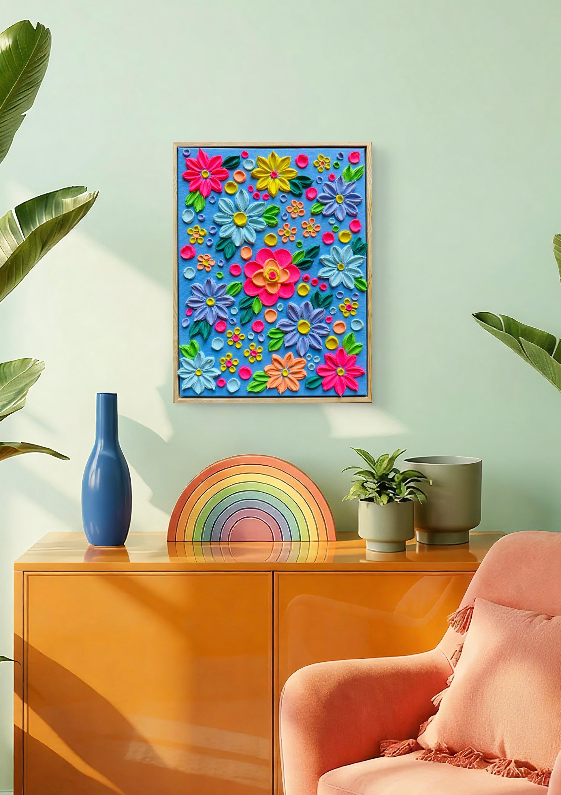 D-Wandbild "Neon Summer" von Sandra Lilian Art an mintgrüner Wand über Kommode, 30x40 cm, Summer Vibes Kollektion