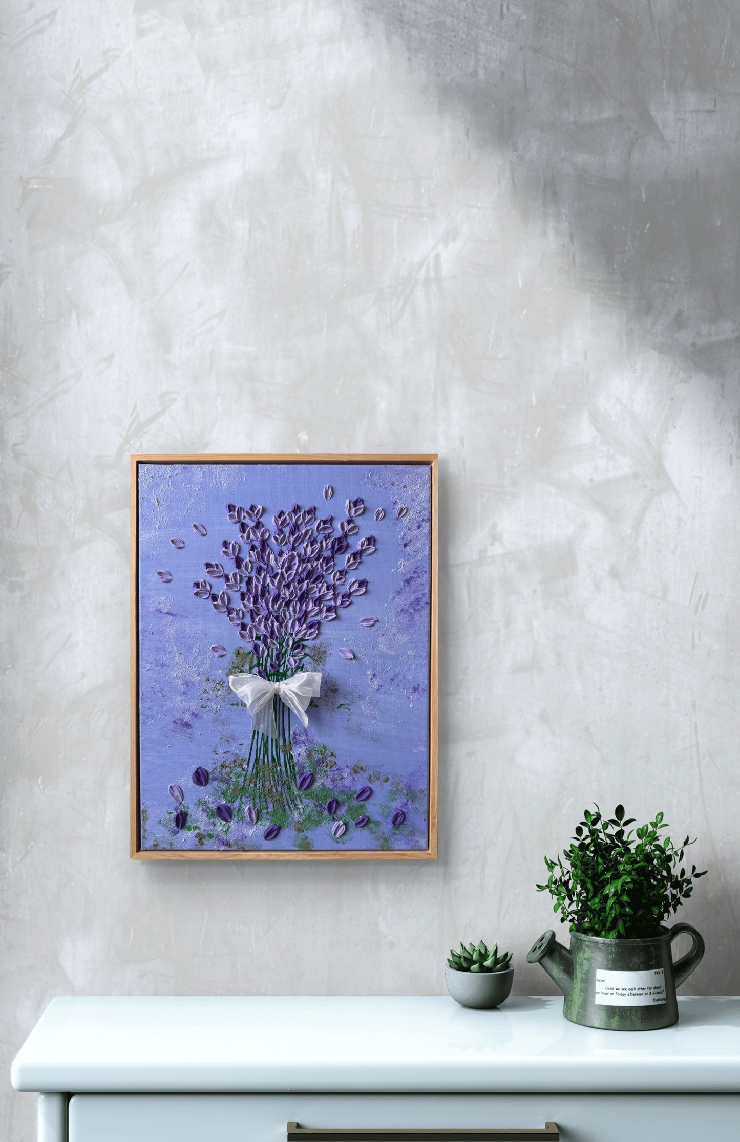 Lavender Love – handgefertigte 3D-Strukturkunst in Lavendel und Violett, gerahmt in Kiefernholz, Sandra Lilian Art