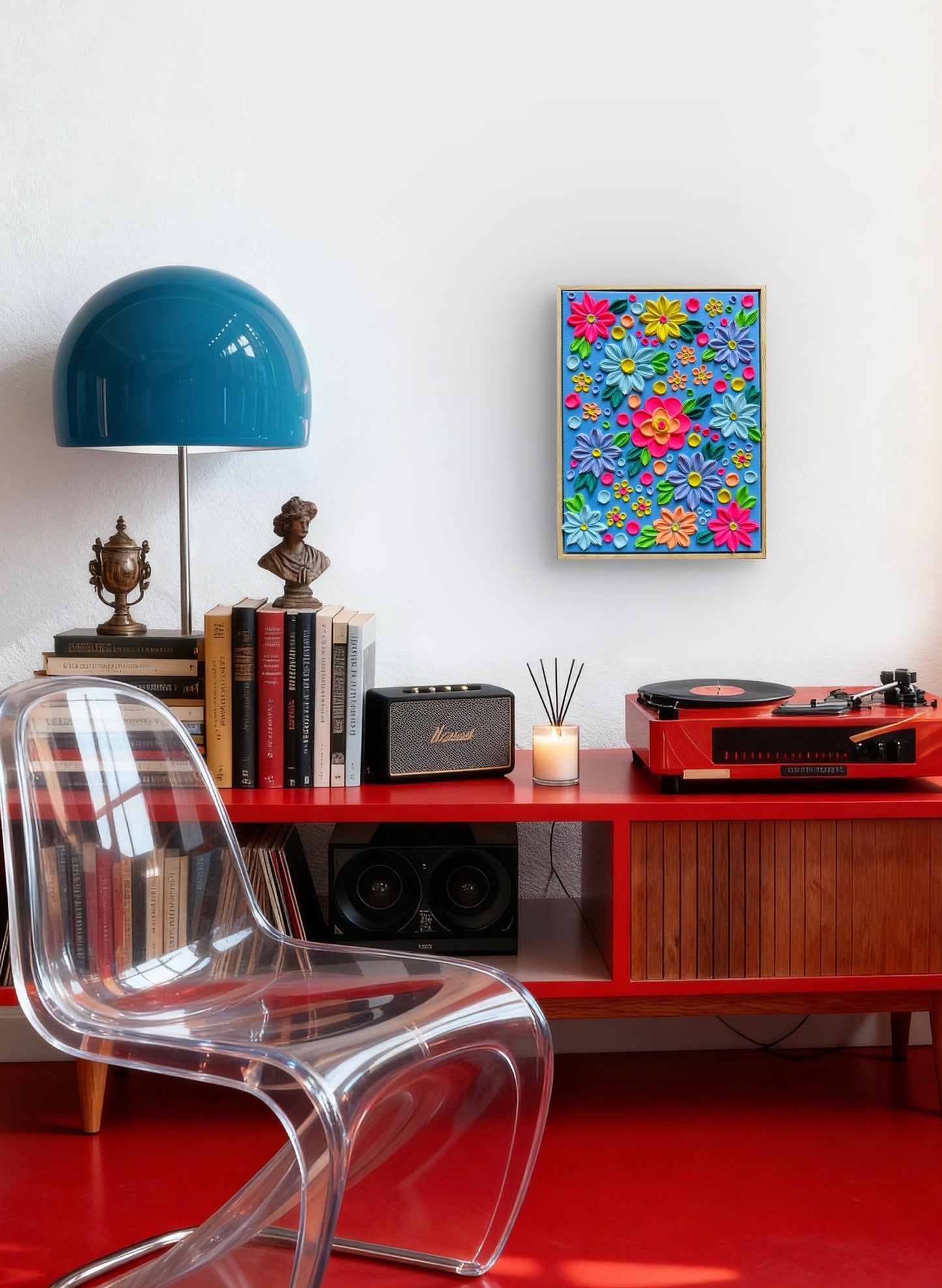 3D-Strukturbild "Neon Summer" von Sandra Lilian Art im modernen Home-Office mit Plattenspieler, 30x40 cm, Summer Vibes Kollektion