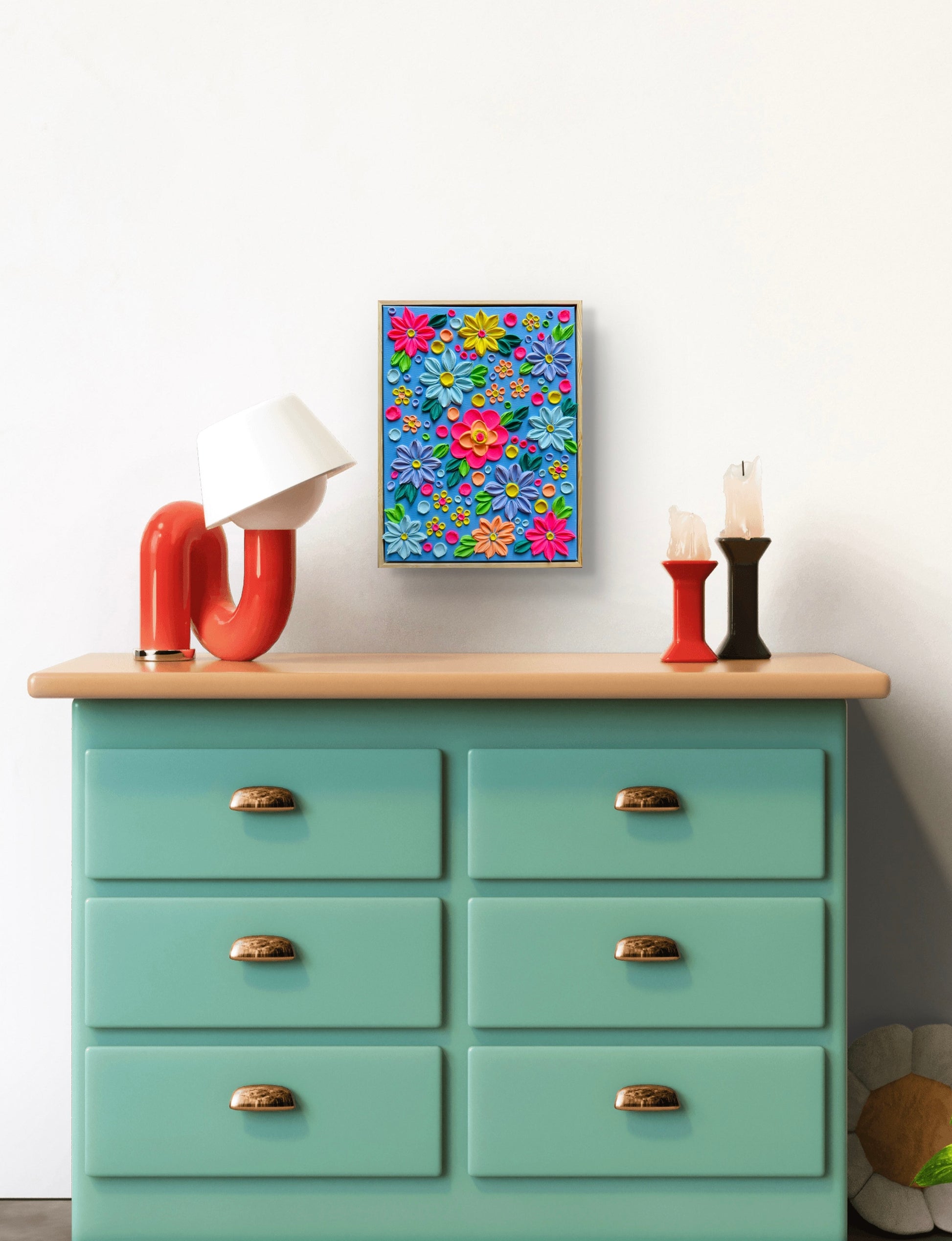 3D-Wandbild "Neon Summer" von Sandra Lilian Art über türkiser Kommode mit Deko, 30x40 cm, buntes florales Unikat