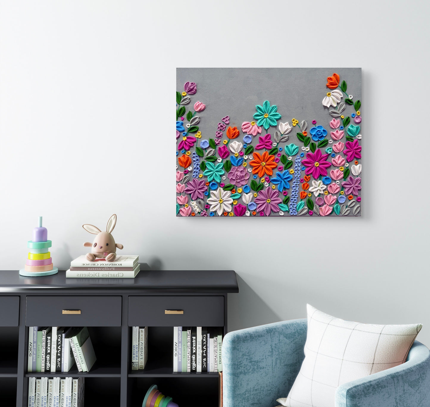 Farbengewaltige Blumenwiese Leinwandbild an der Wand – Wanddekoration handgefertigt Schweiz