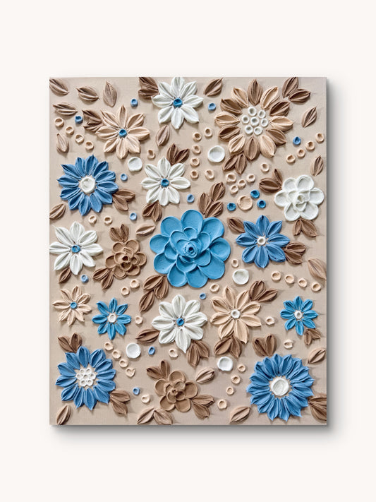 Handgefertigte 3D Strukturkunst Sanfte Eleganz in Blau & Creme auf Keilrahmen, 40x50 cm – Sandra Lilian Art Schweiz