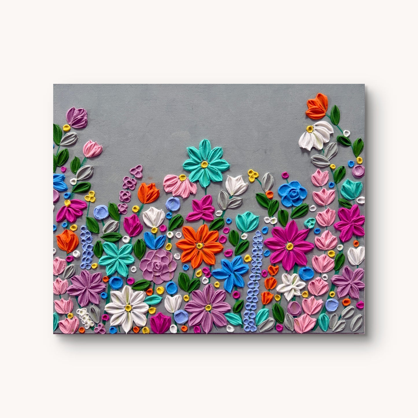 Handgefertigtes 3D Strukturbild Farbengewaltige Blumenwiese auf Keilrahmen, 40x50 cm – Sandra Lilian Art Schweiz