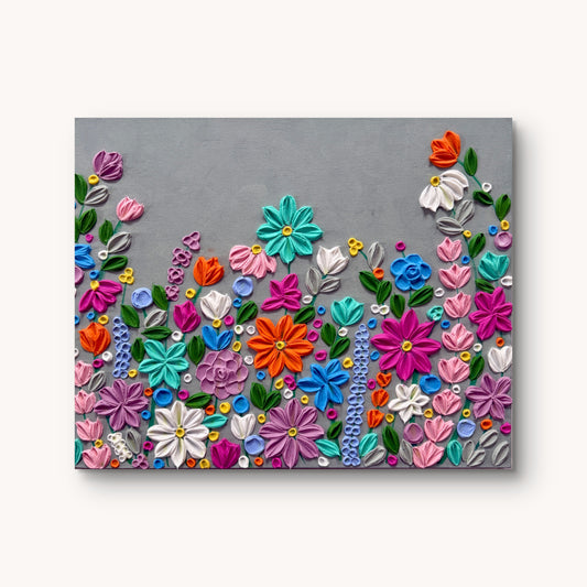 Handgefertigtes 3D Strukturbild Farbengewaltige Blumenwiese auf Keilrahmen, 40x50 cm – Sandra Lilian Art Schweiz